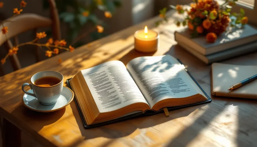 Затишний куточок для глибокого читання Біблії з відкритим Писанням, щоденником та свічкою - простір, де Біблія торкається серця - як читати Біблію щоб торкалася серця